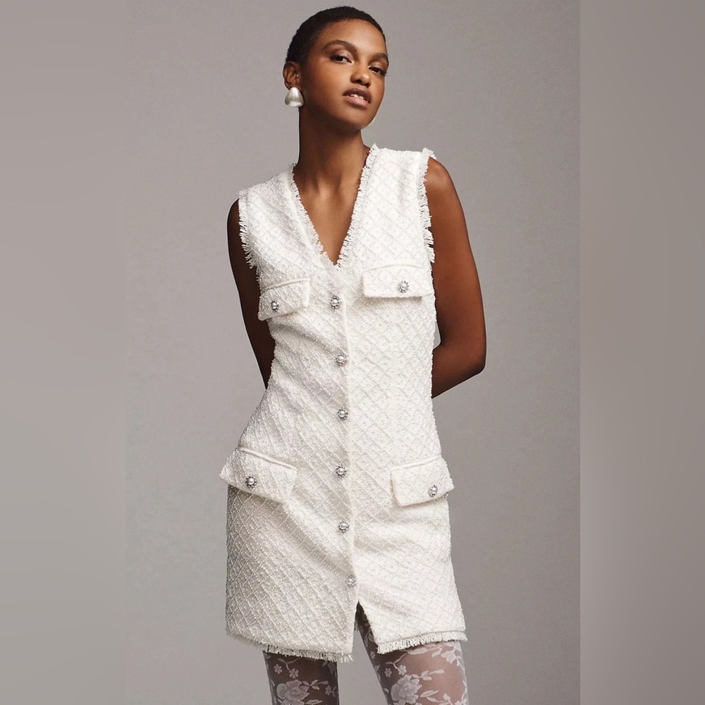 BHLDN Anthropologie Sleeveless Tweed Dress Pearl Embellished Fringed Party M